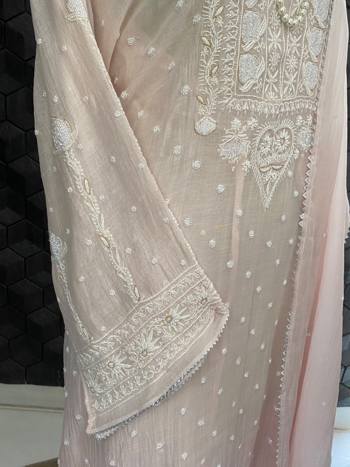 Pink Mul Chanderi Chikankari Kurta Set