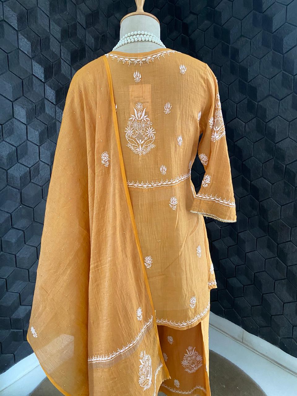 Mustard Sliver Tissue Chikankari sharara set