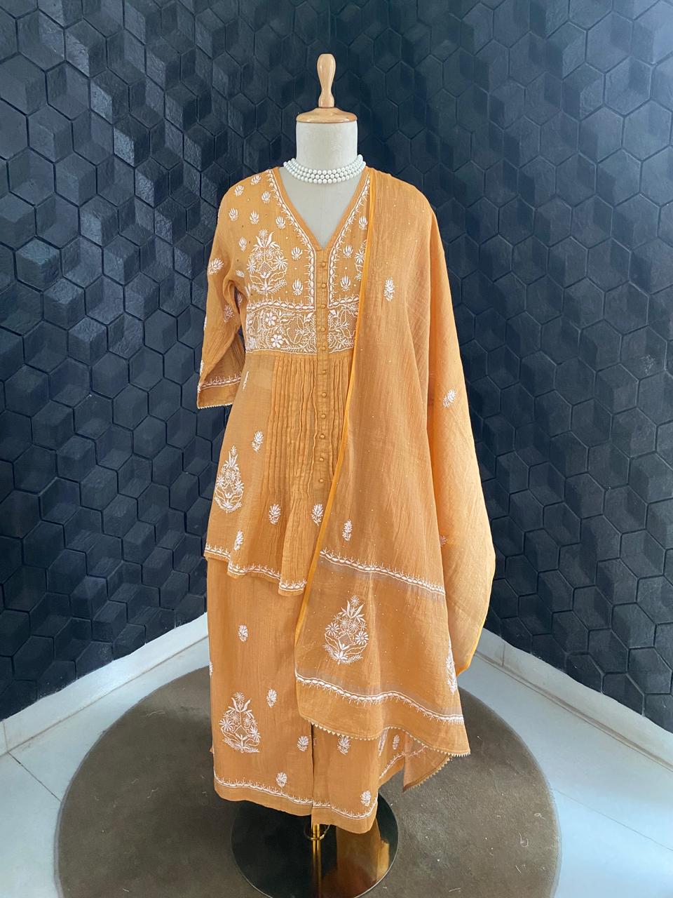 Mustard Sliver Tissue Chikankari sharara set