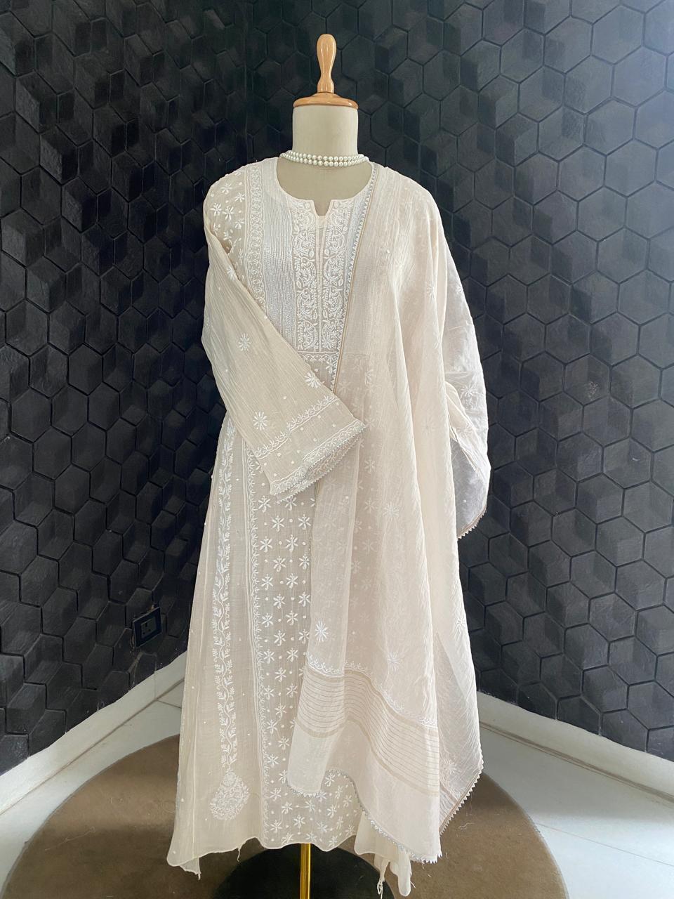 Beige Mul Chanderi Chikankari Kurta Set