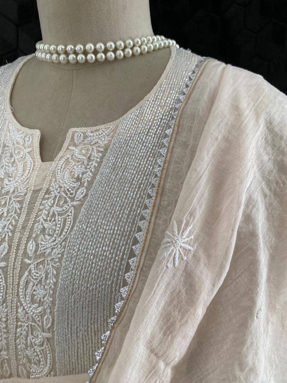 Beige Mul Chanderi Chikankari Kurta Set