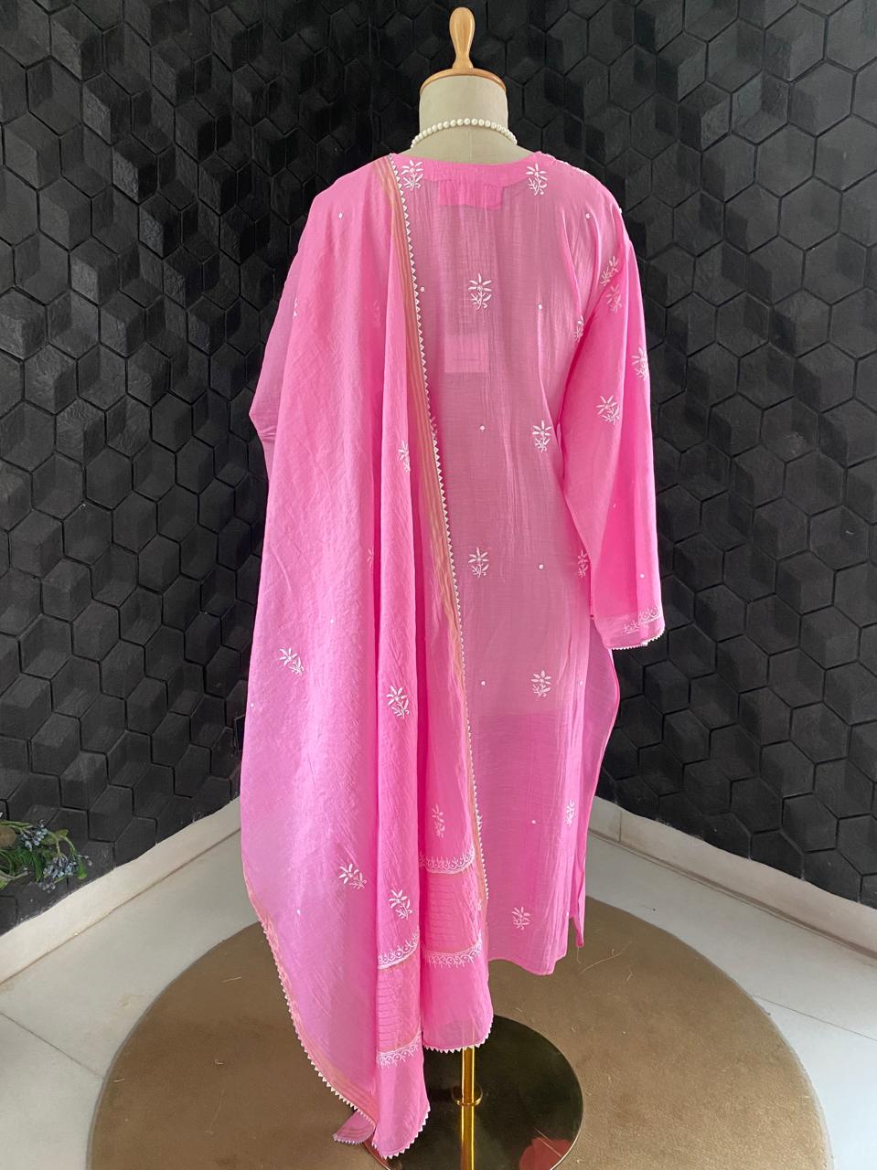 Bright Pink Mul Chanderi Chikankari Kurta Set