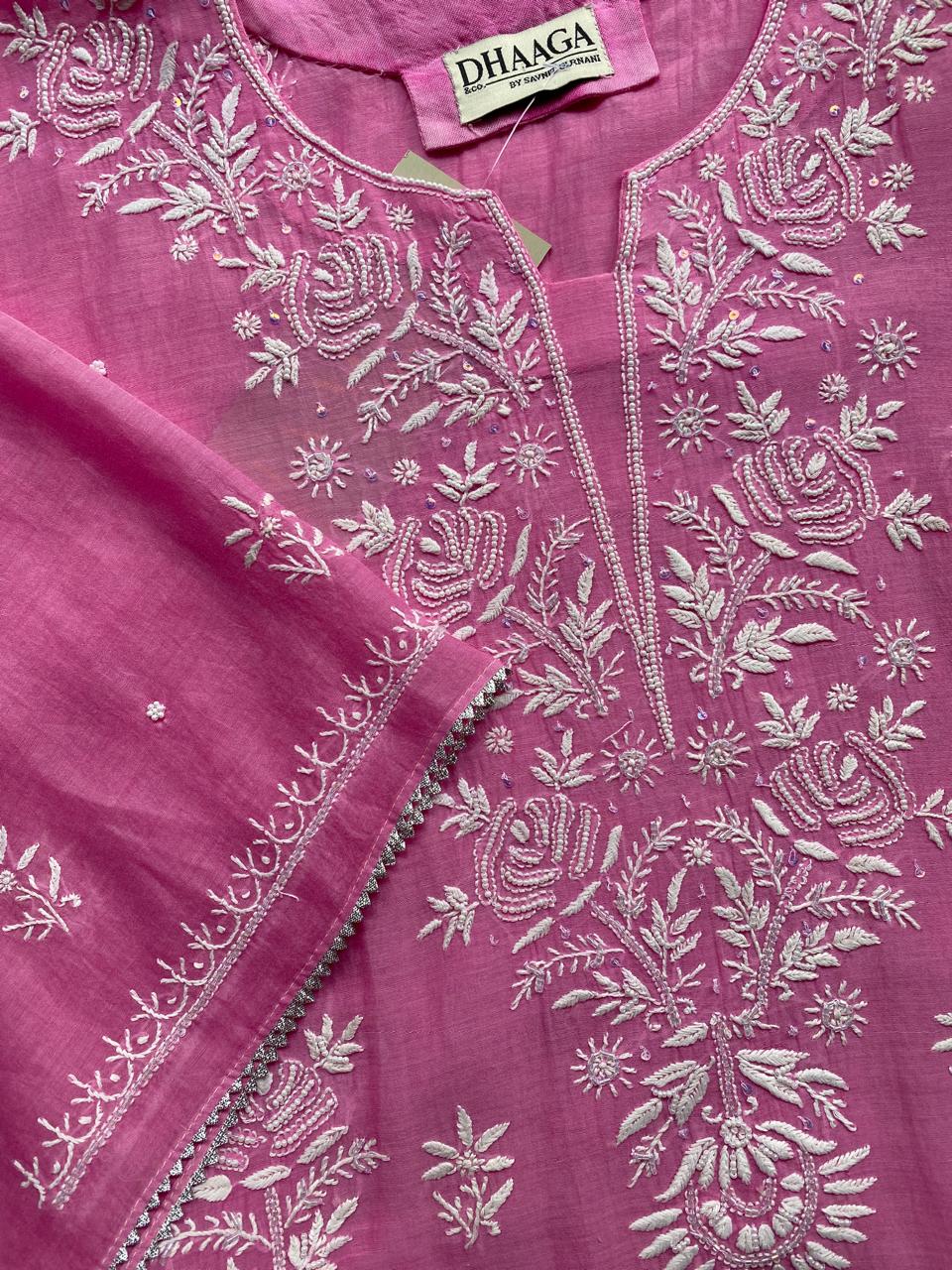 Bright Pink Mul Chanderi Chikankari Kurta Set