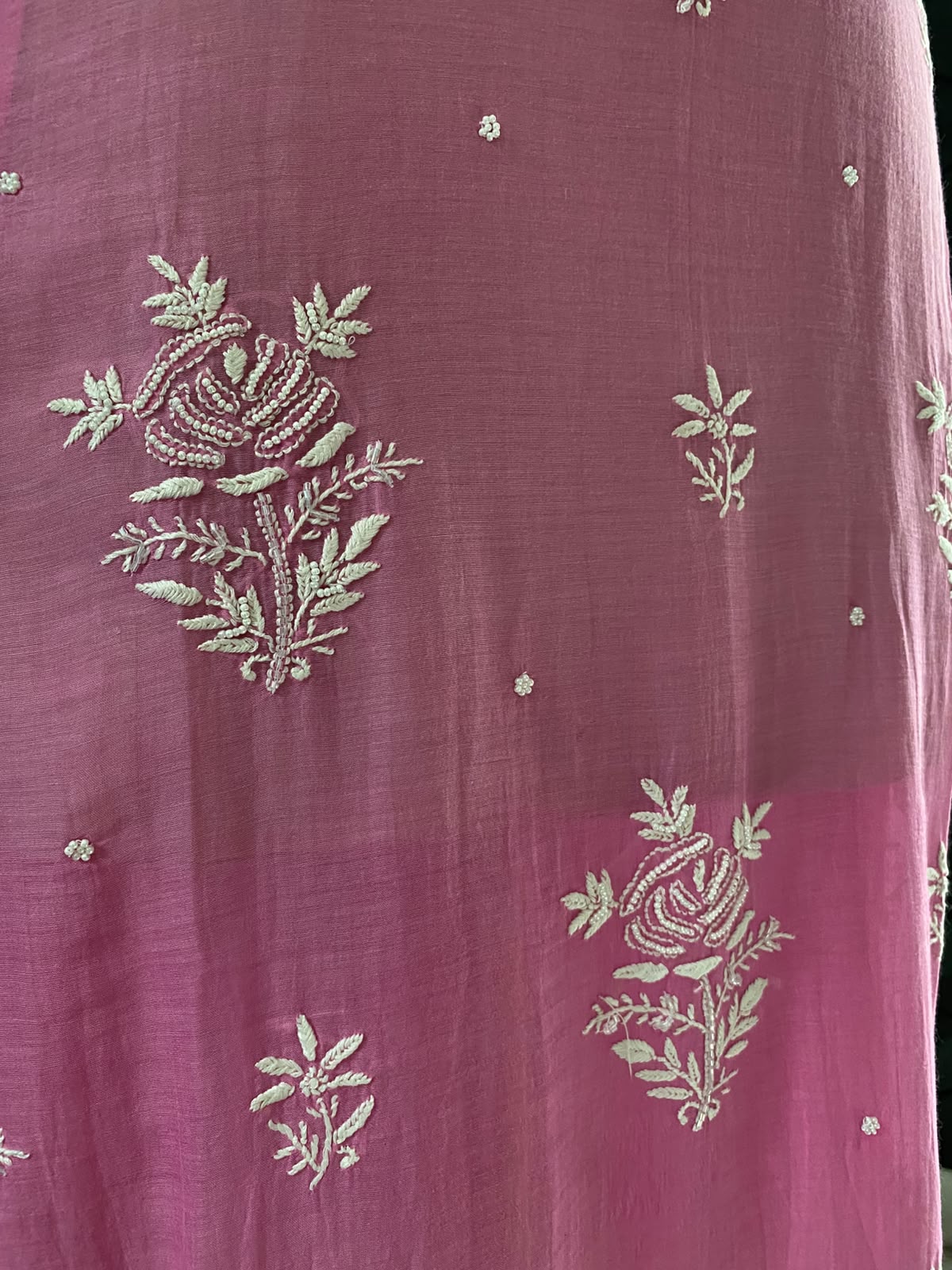 Bright Pink Mul Chanderi Chikankari Kurta Set