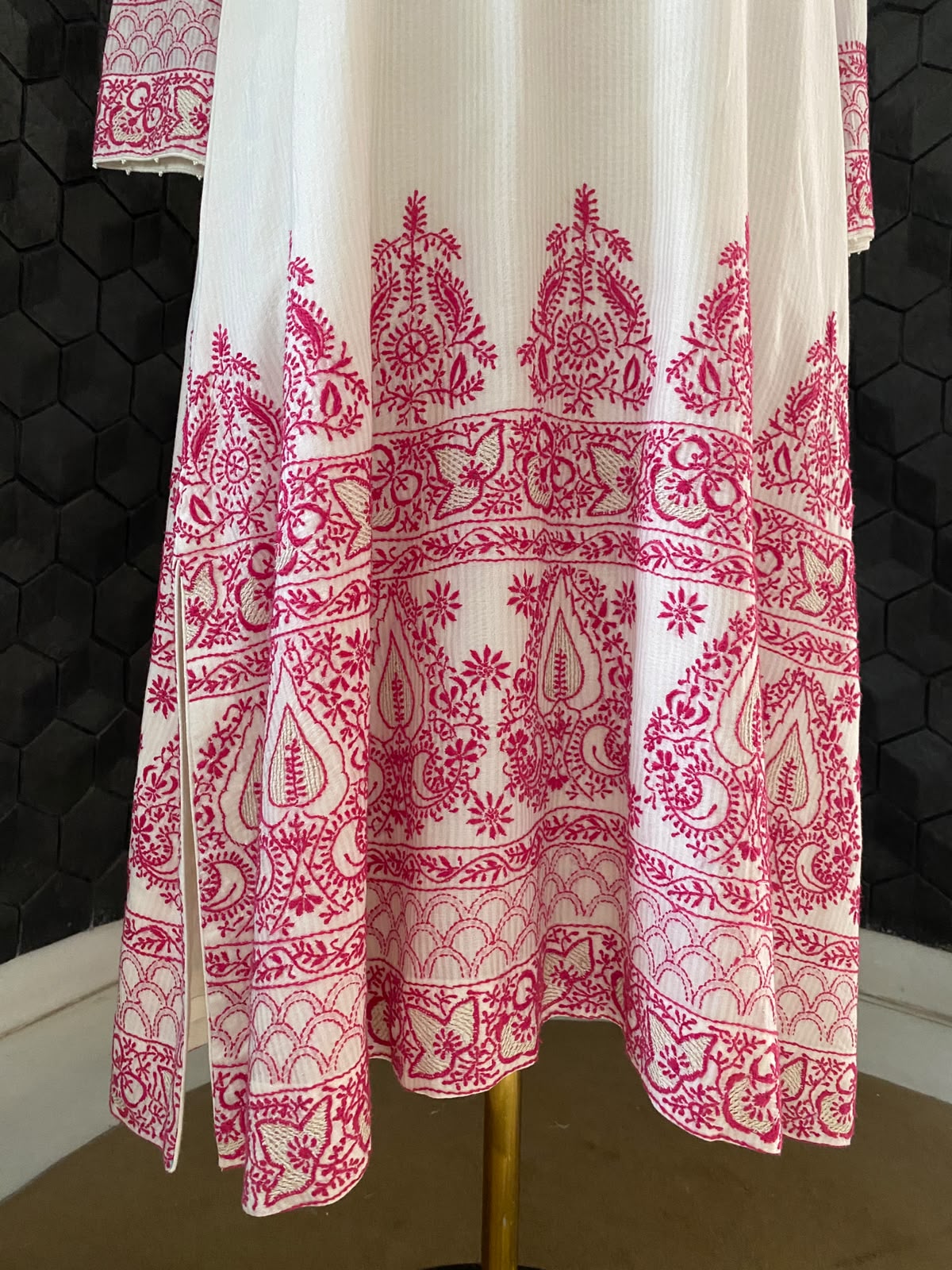 White Maheshwari Chikankari Anarkali set in Striped Chanderi