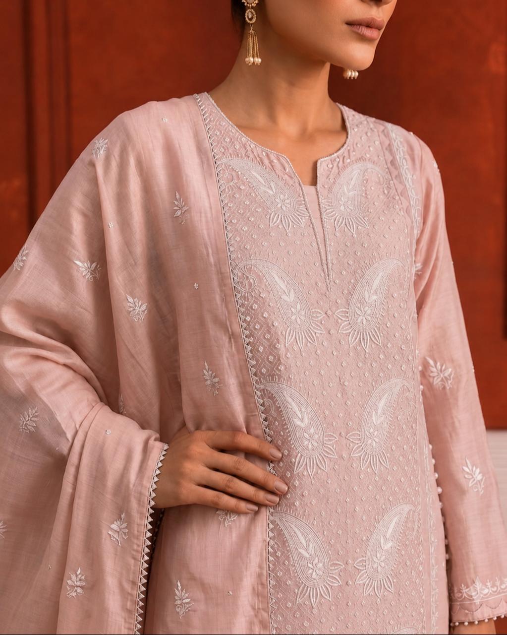Pastel Pink Moonga Silk Kurta Set with Paisley Jaal