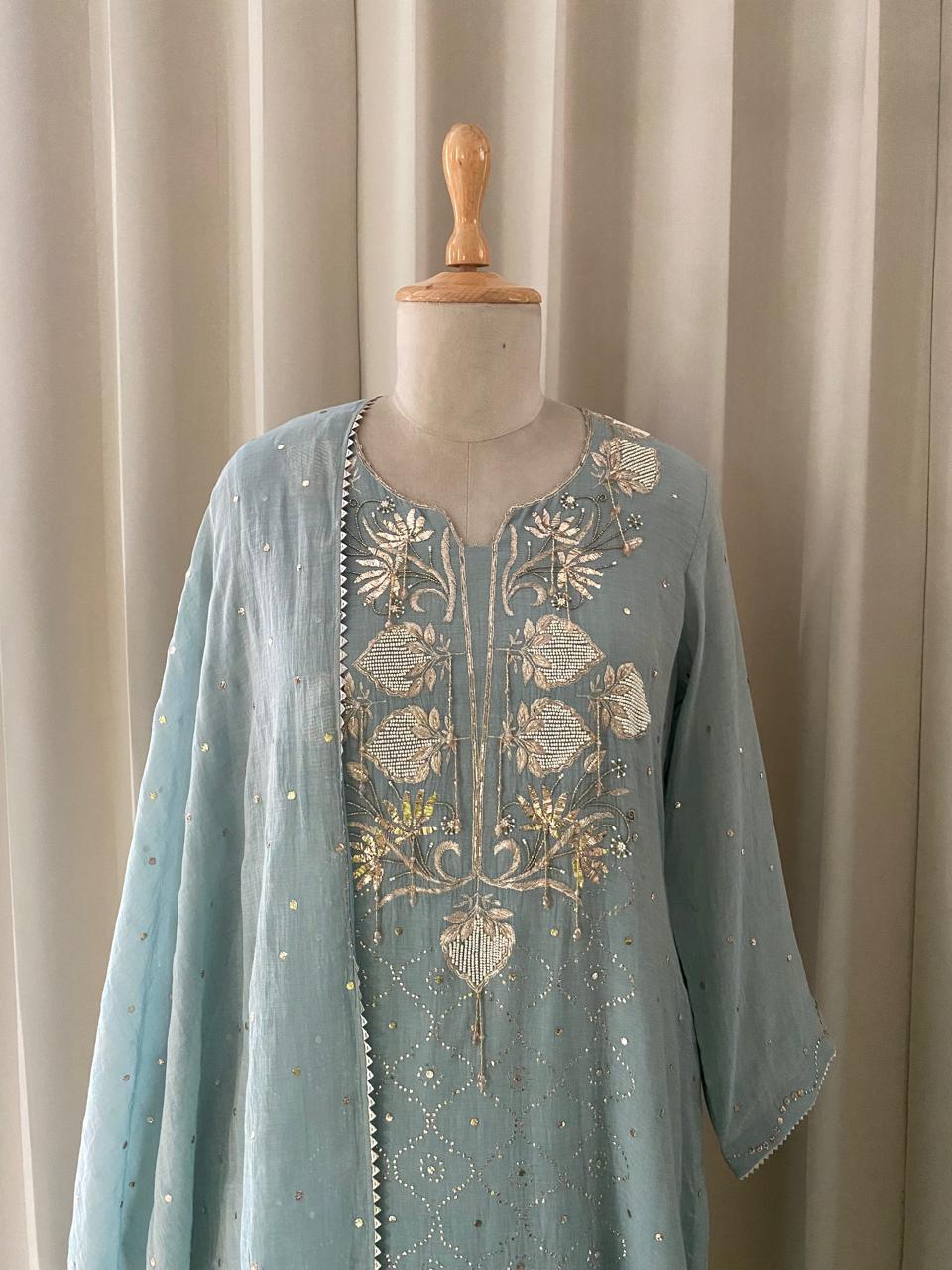 Teal Green Golden Tissue Mukaish and Kamdani Kurta Set