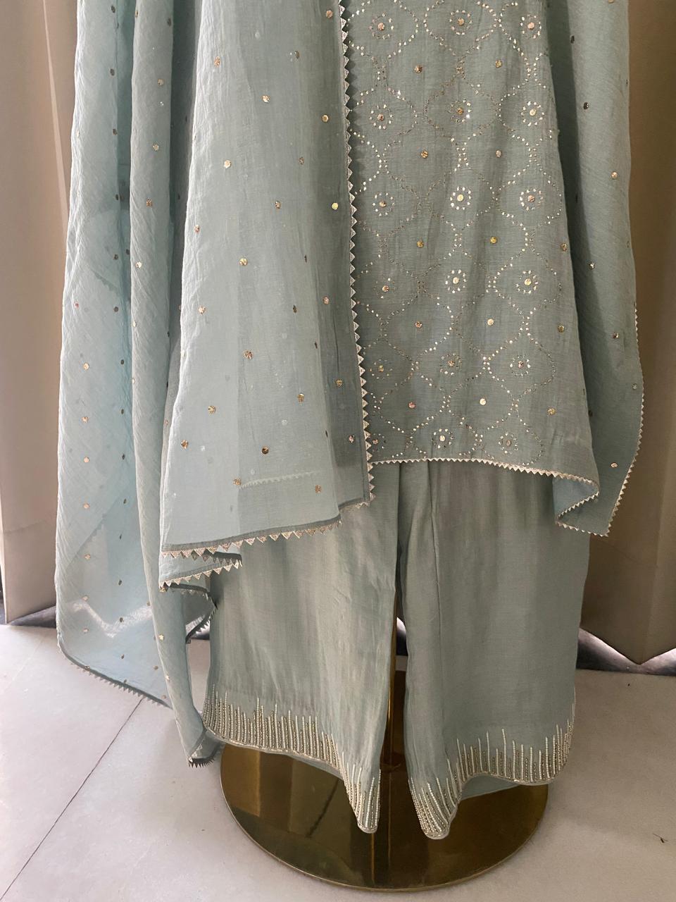 Teal Green Golden Tissue Mukaish and Kamdani Kurta Set