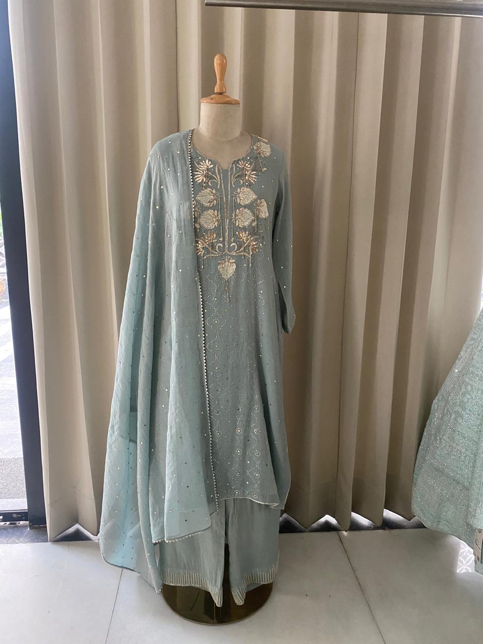 Teal Green Golden Tissue Mukaish and Kamdani Kurta Set