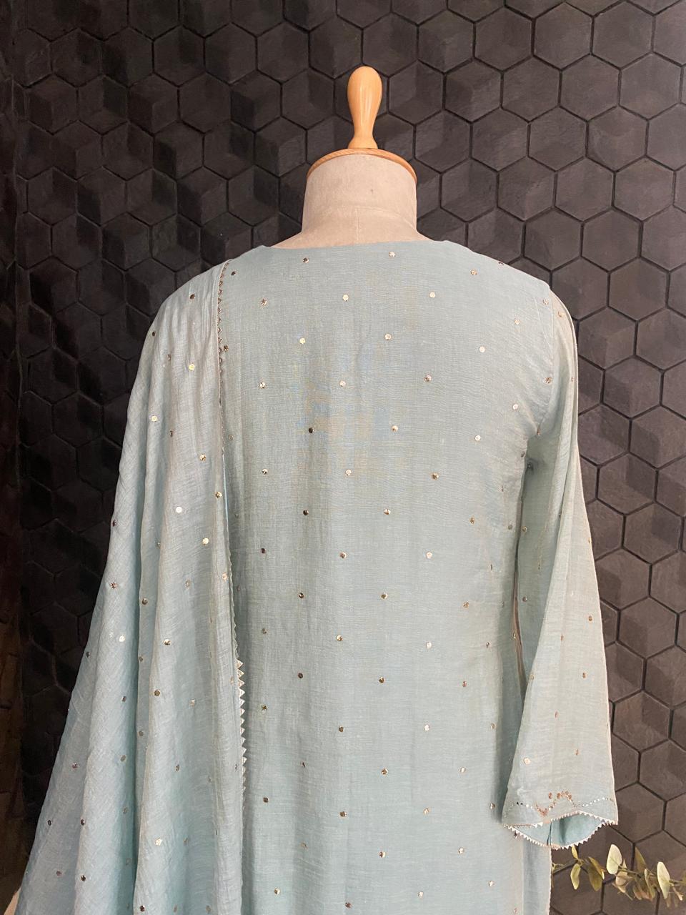 Teal Green Golden Tissue Mukaish and Kamdani Kurta Set
