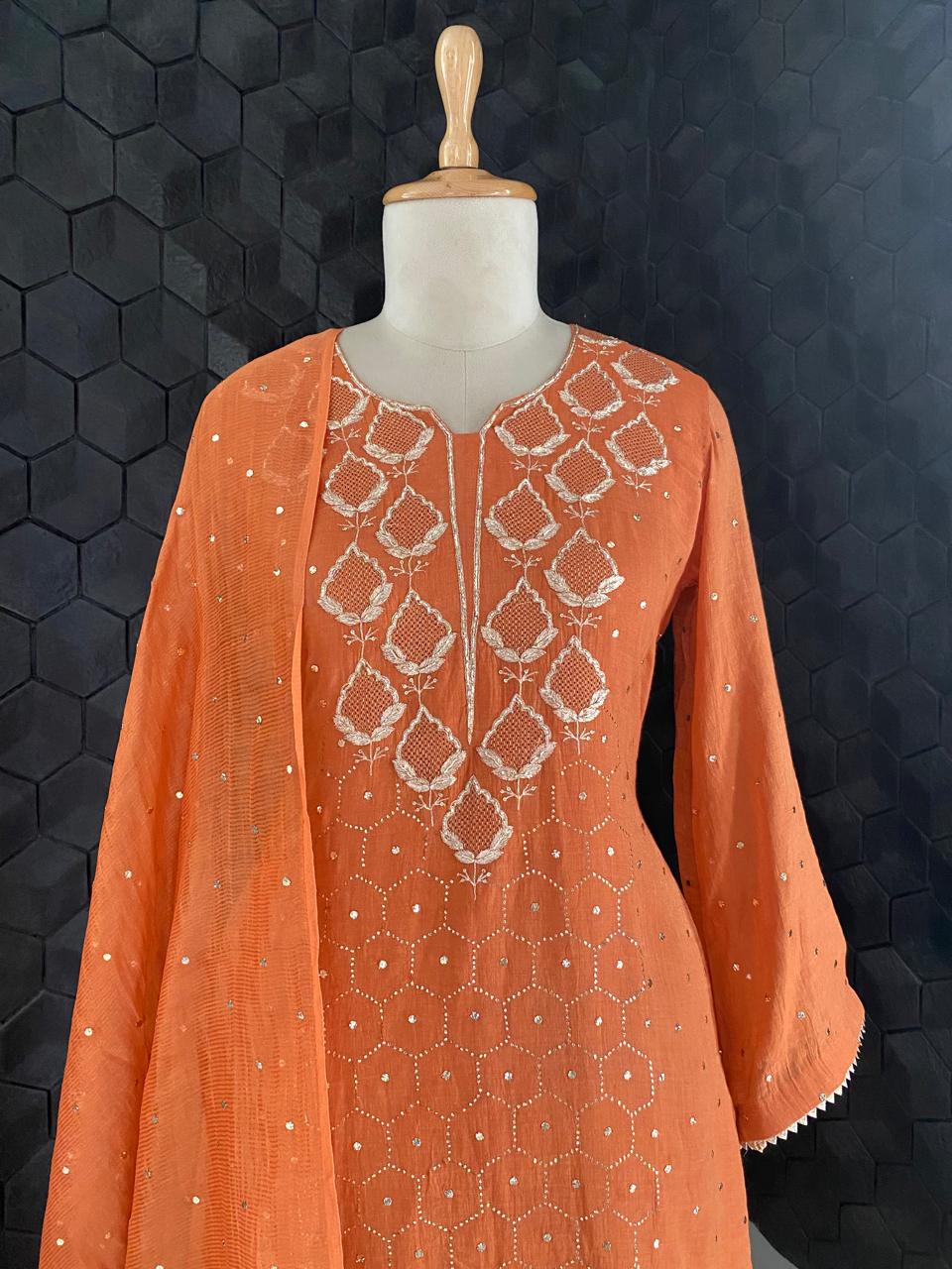Burnt Orange Golden Tissue Mukaish and Kamdani Kurta Set