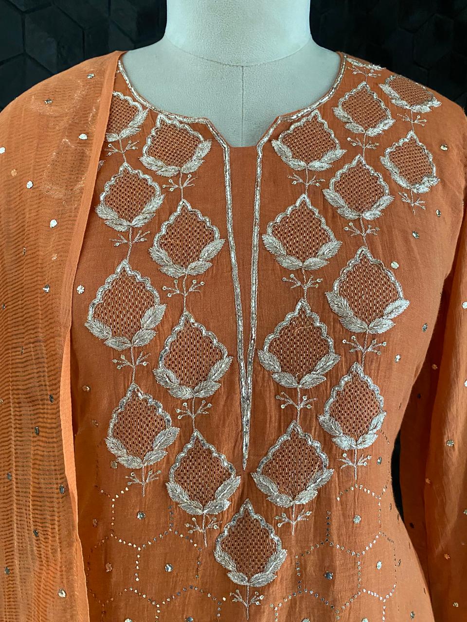 Burnt Orange Golden Tissue Mukaish and Kamdani Kurta Set