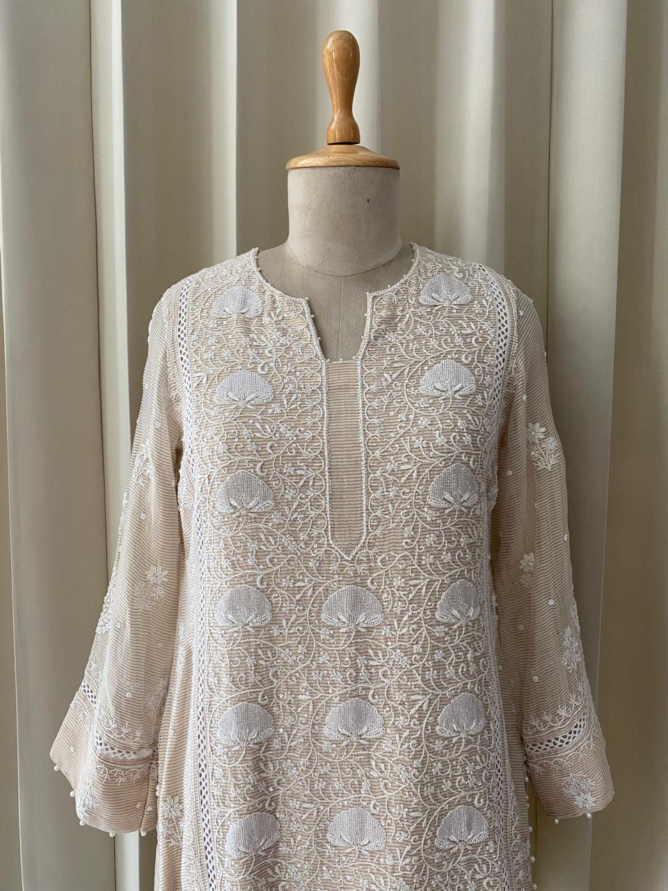 Beige Striped Tissue Kurta Set with Farsi Salwar