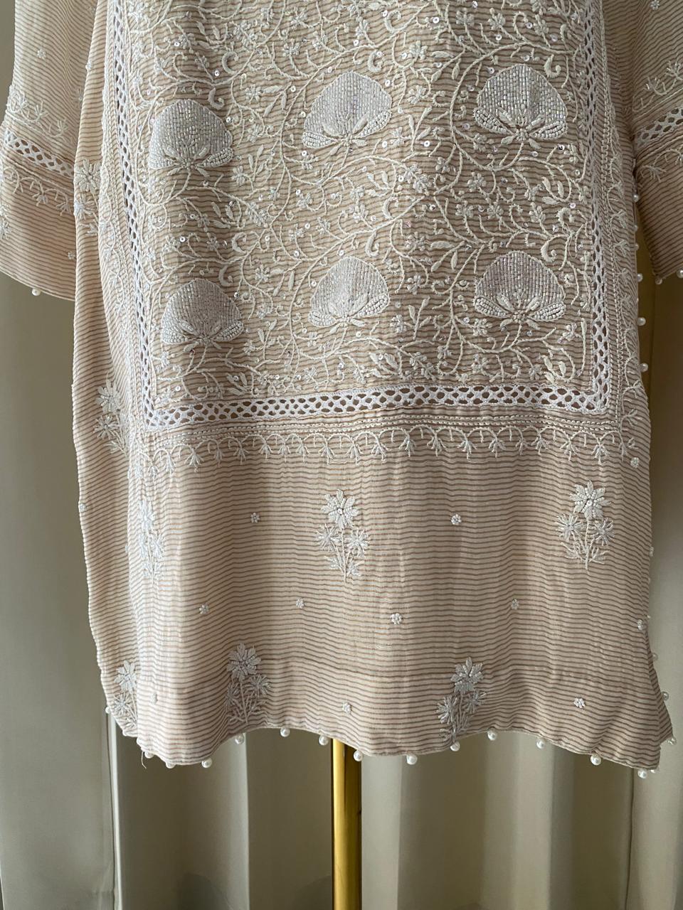 Beige Striped Tissue Kurta Set with Farsi Salwar