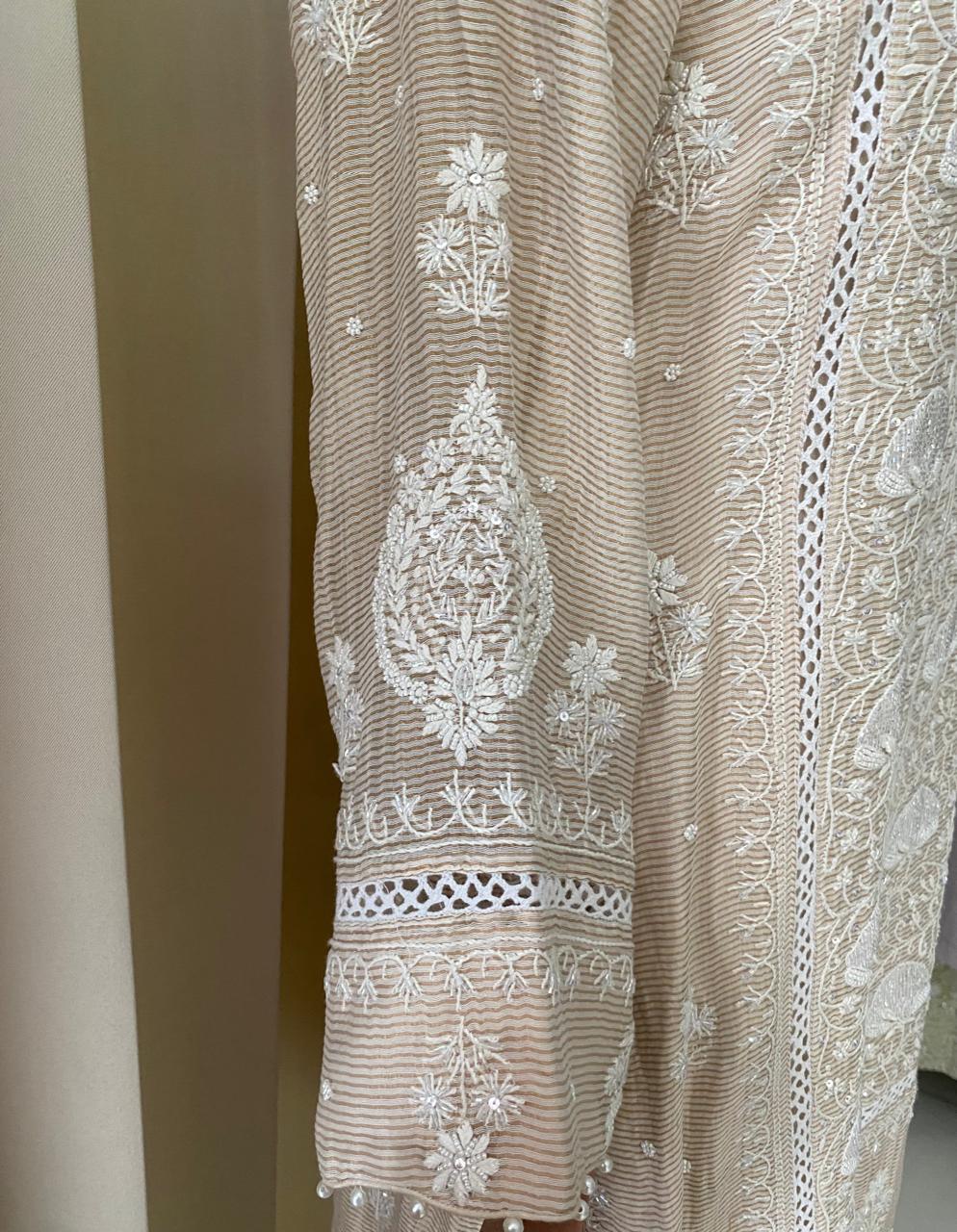 Beige Striped Tissue Kurta Set with Farsi Salwar