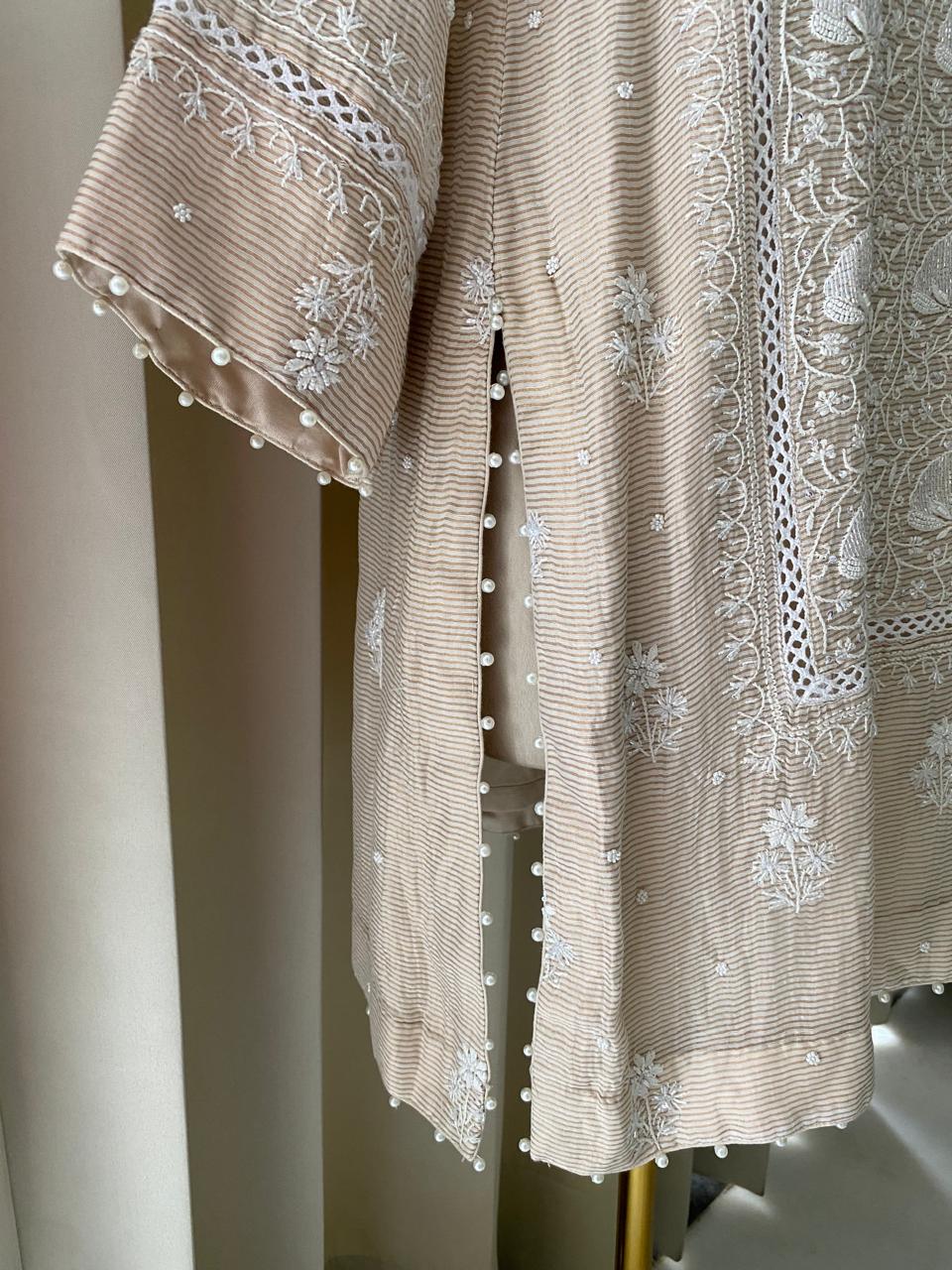 Beige Striped Tissue Kurta Set with Farsi Salwar