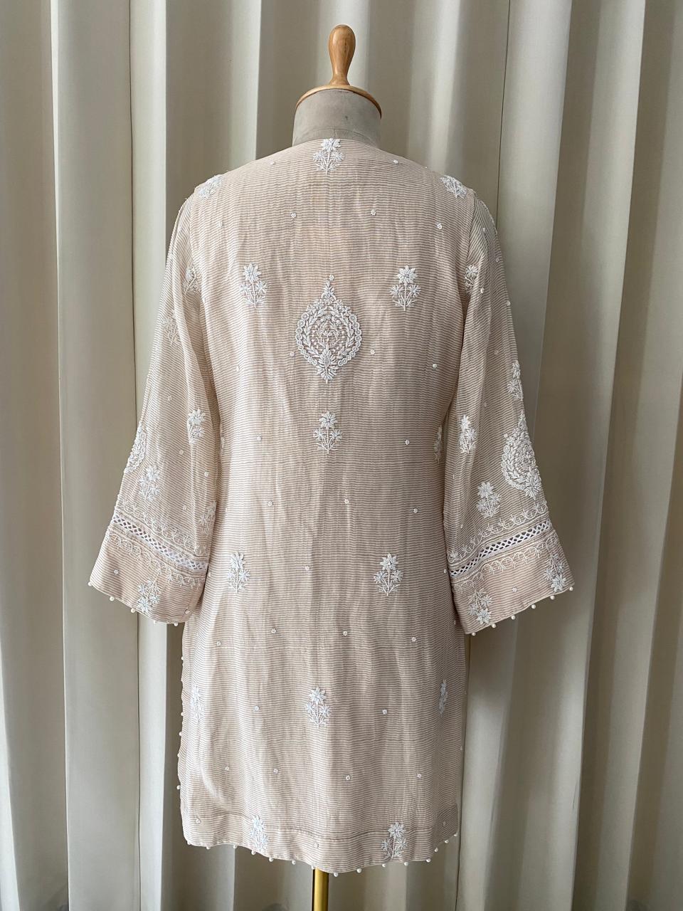 Beige Striped Tissue Kurta Set with Farsi Salwar