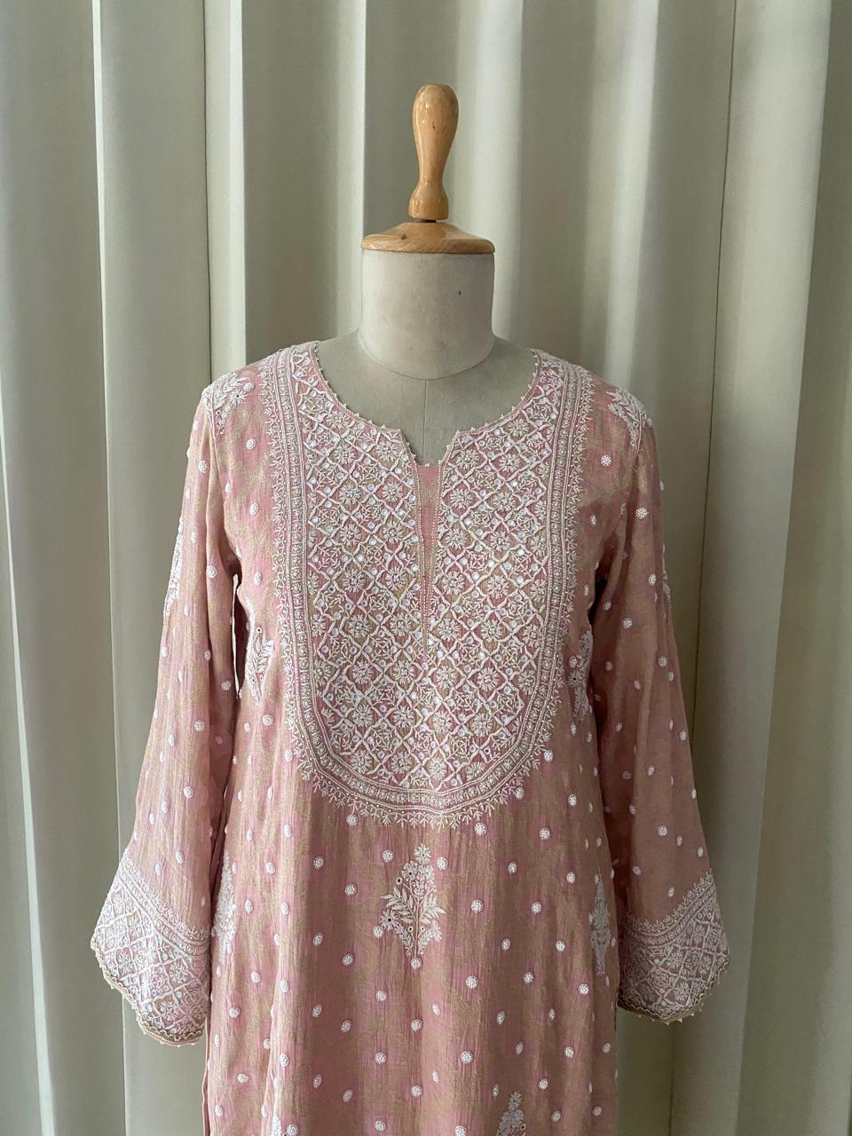 Pink Golden Tissue Kurta set in Banarsi Weave