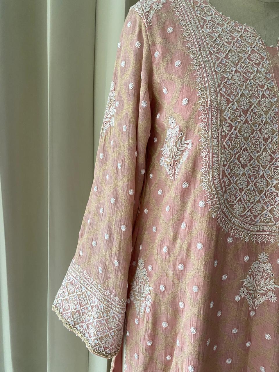 Pink Golden Tissue Kurta set in Banarsi Weave