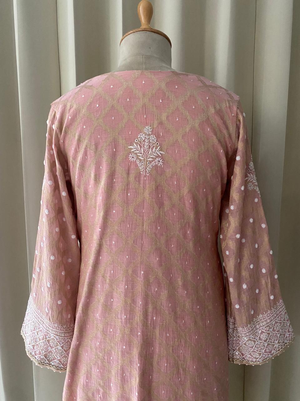 Pink Golden Tissue Kurta set in Banarsi Weave
