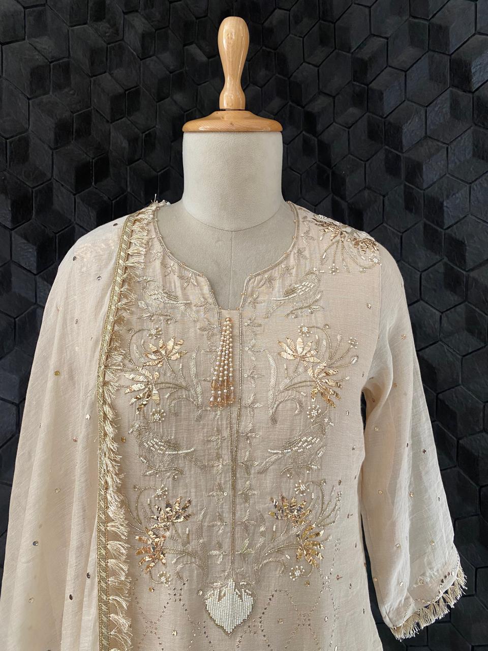 Beige Golden tissue Mukaish and Kamdani kurta