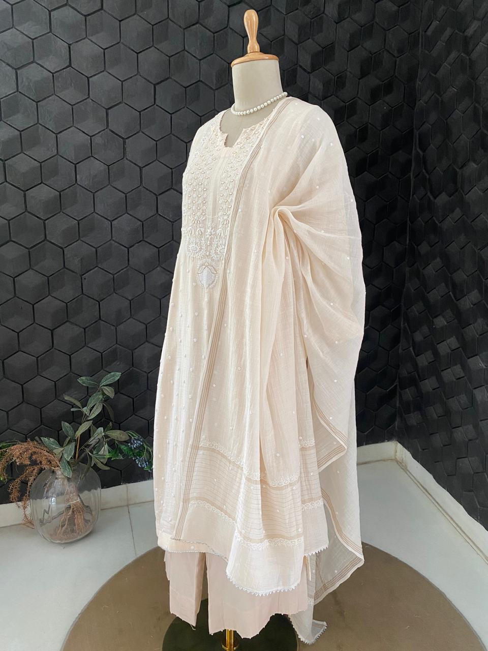 Beige Mul Chanderi Chikankari Kurta Set