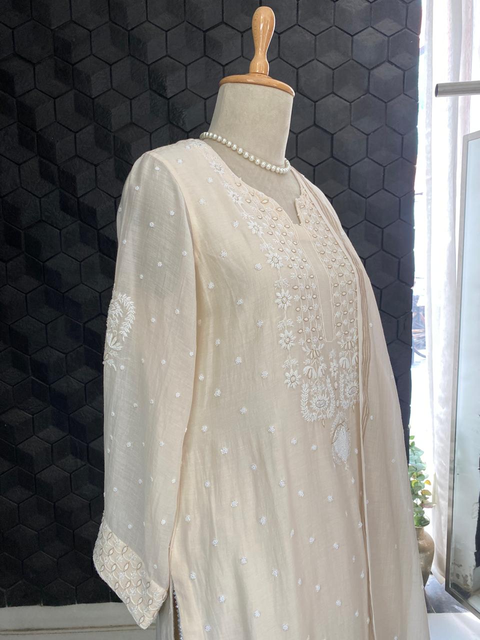 Beige Mul Chanderi Chikankari Kurta Set