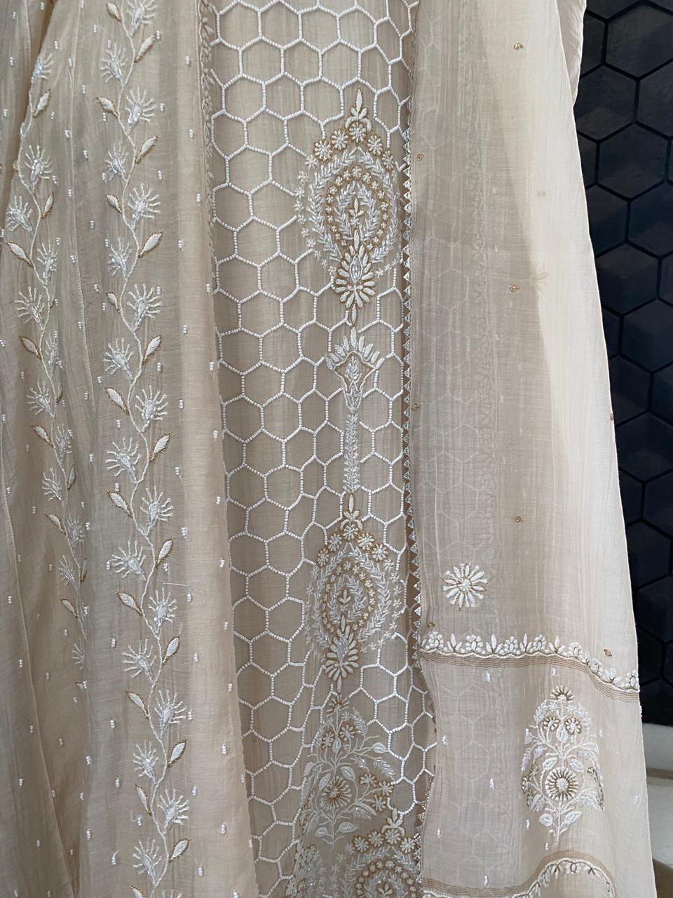 Beige Mul Chikankari A-Line kurta set