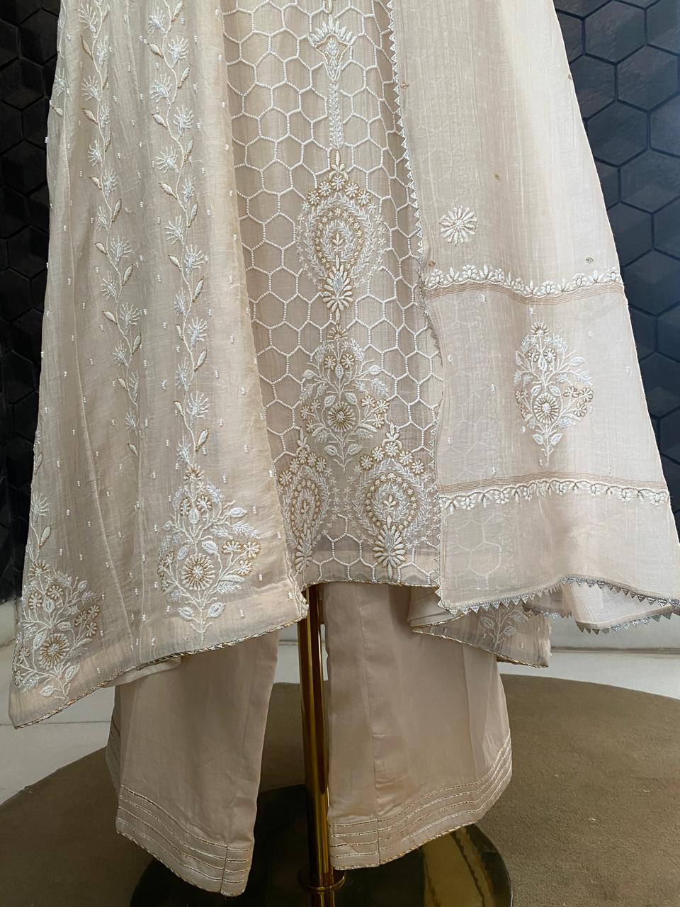 Beige Mul Chikankari A-Line kurta set