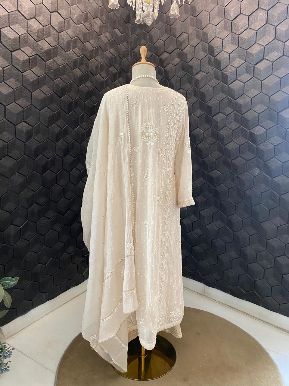 Beige Mul Chikankari A-Line kurta set