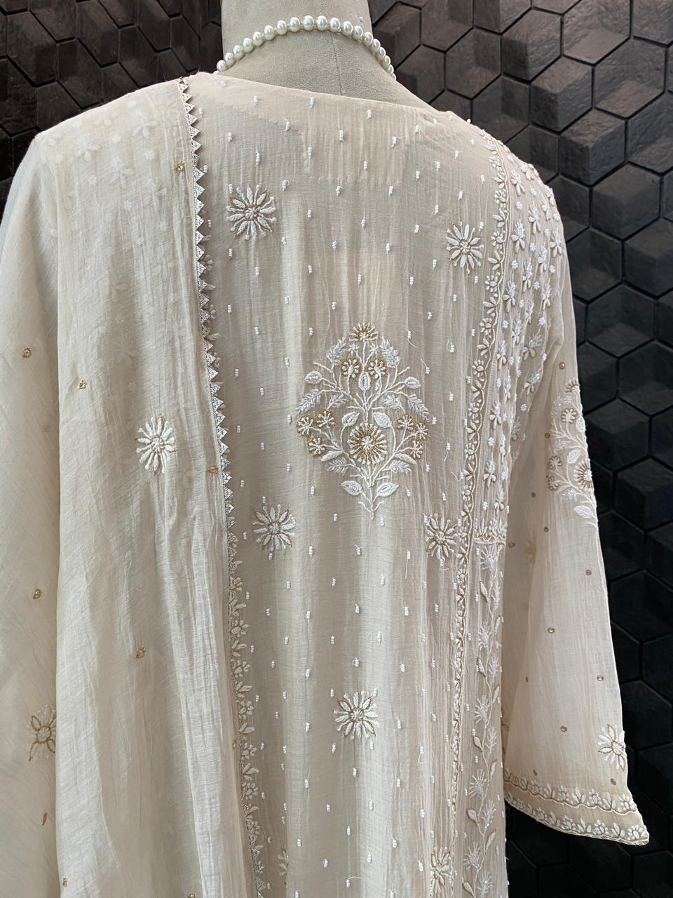 Beige Mul Chikankari A-Line kurta set