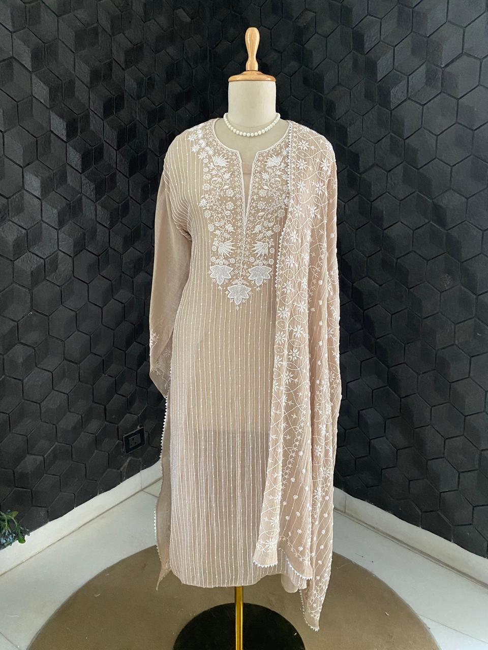 Brown Mul Chanderi Chikankari Kurta Set
