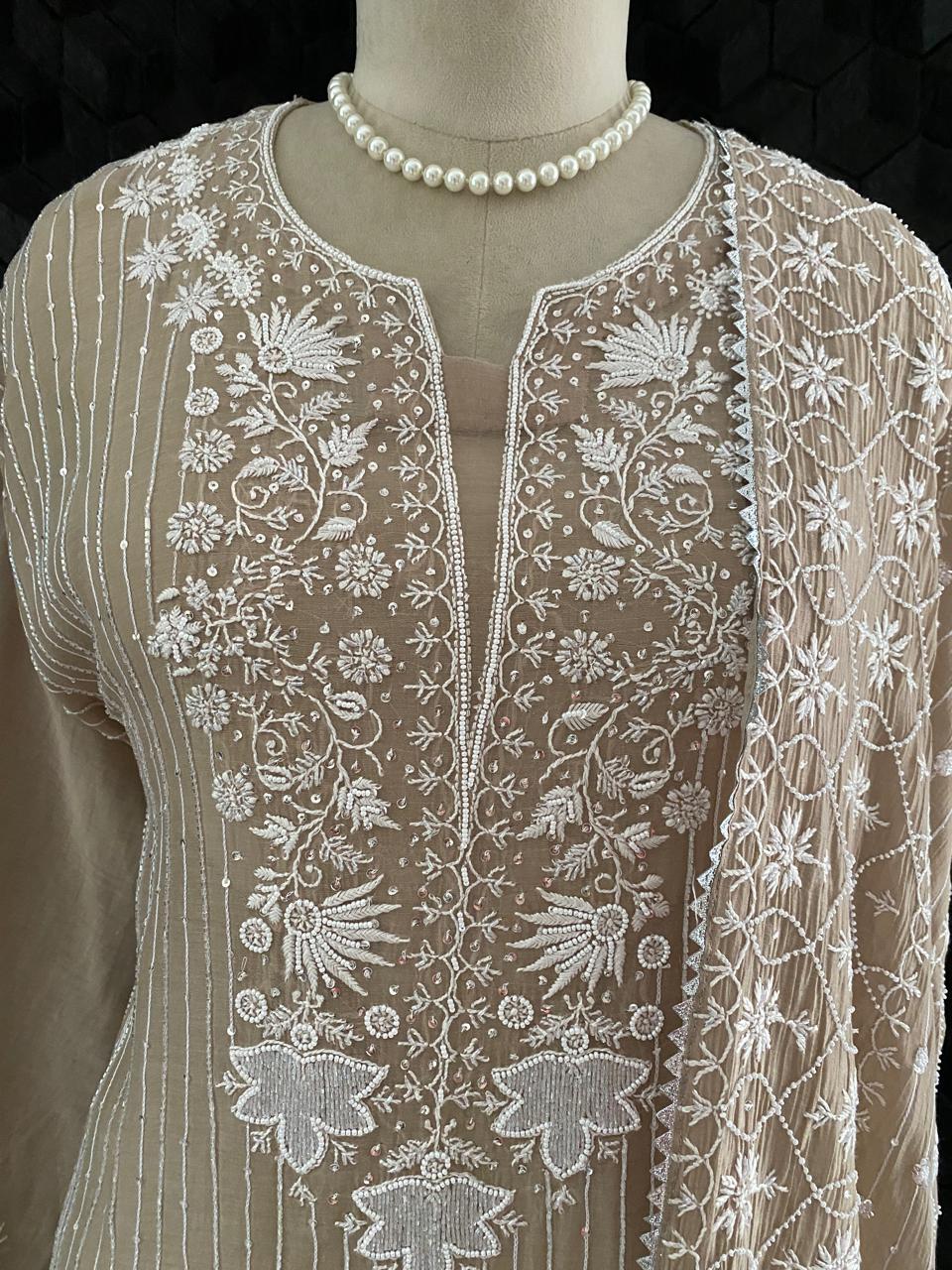 Brown Mul Chanderi Chikankari Kurta Set