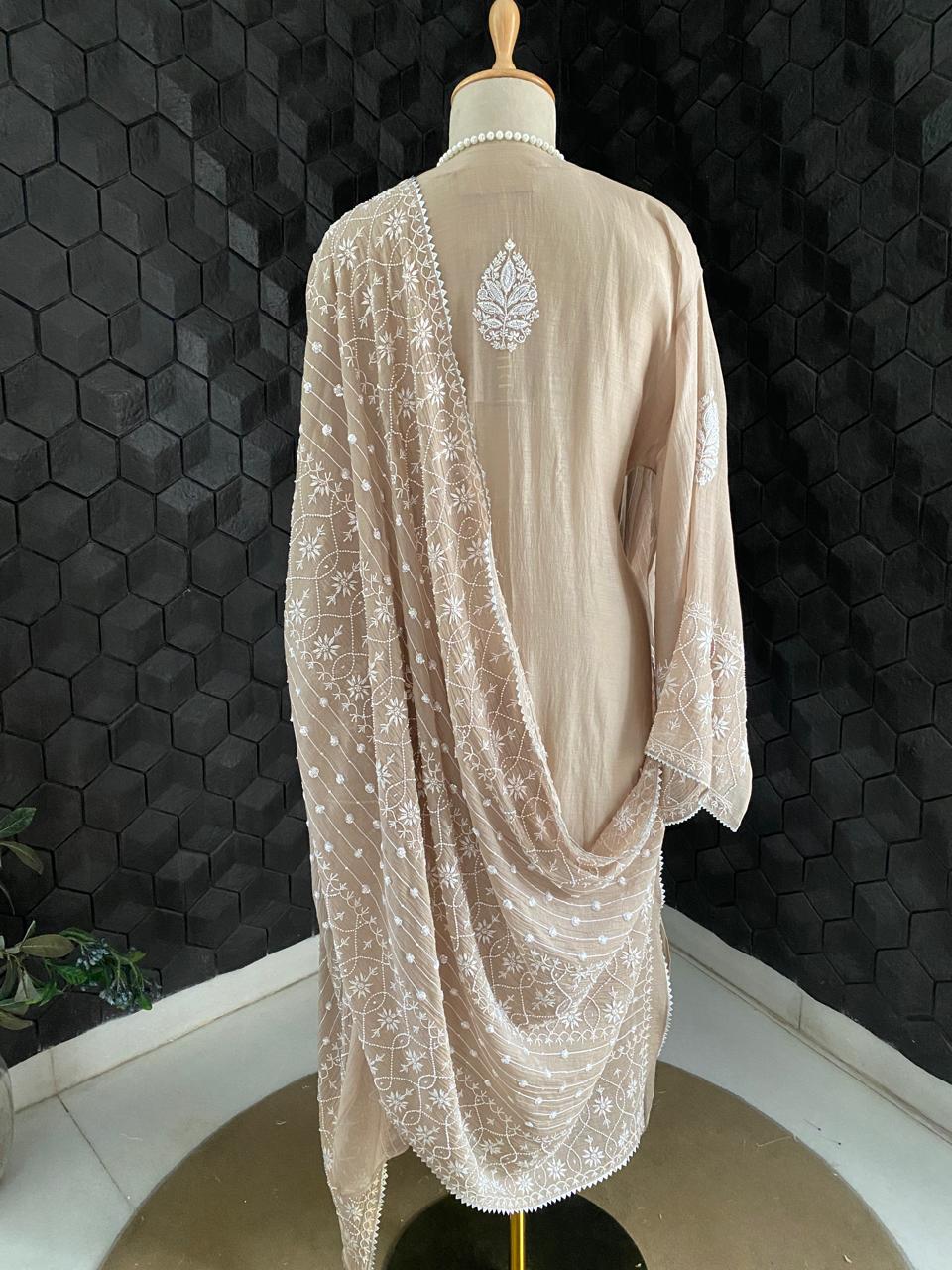 Brown Mul Chanderi Chikankari Kurta Set
