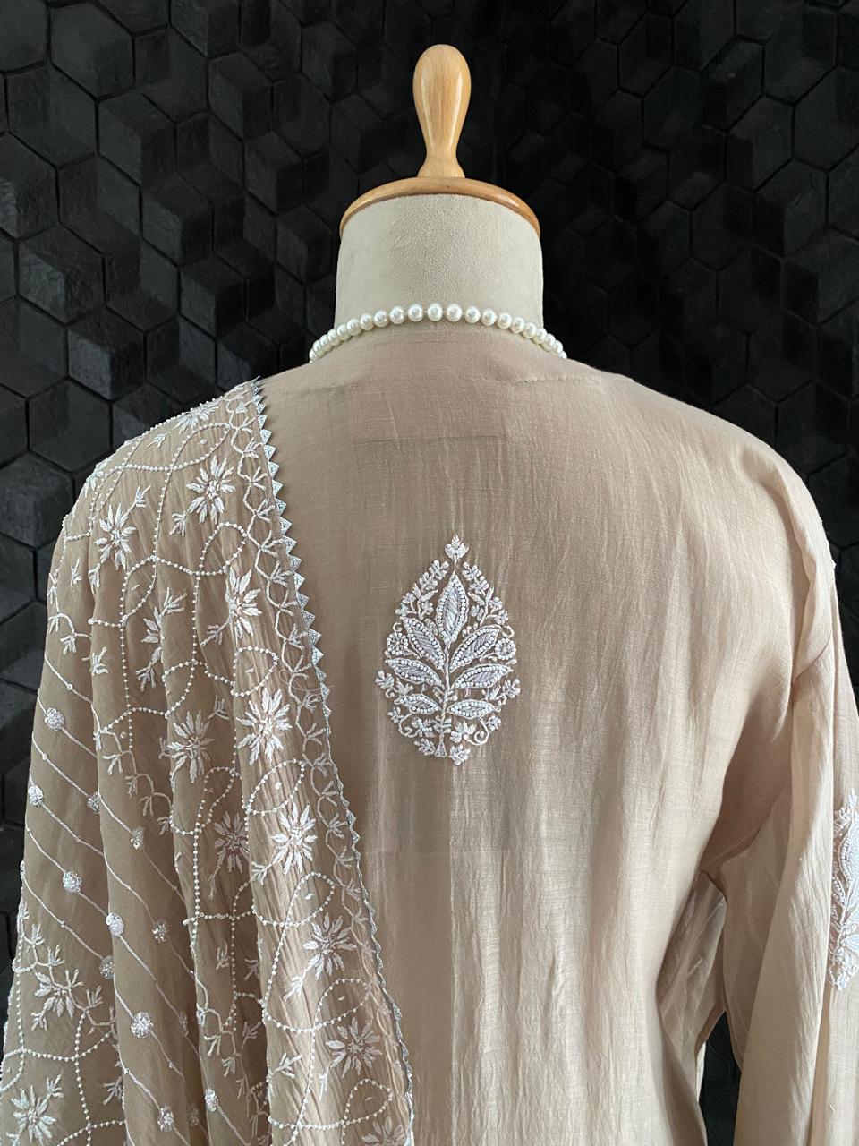 Brown Mul Chanderi Chikankari Kurta Set
