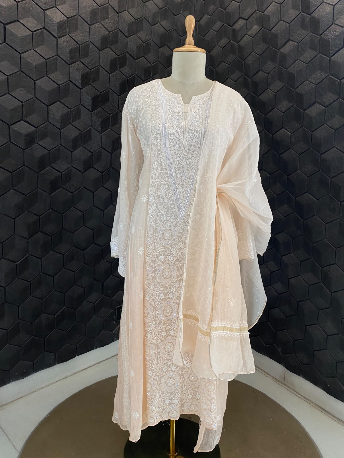 Peach Mul Chanderi Chikankari kurta set
