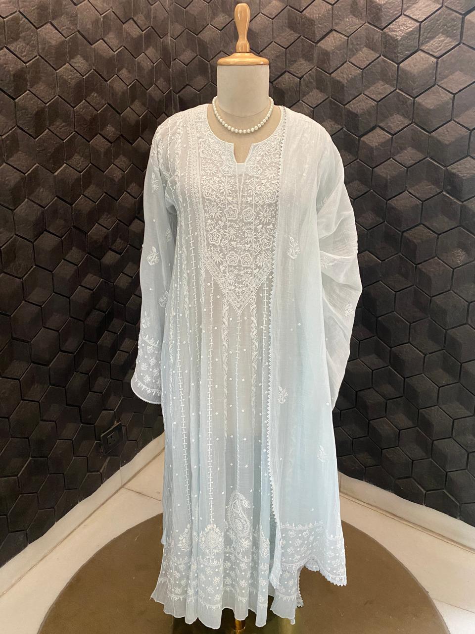 Sky Blue A Line Mul chanderi Kurta Set