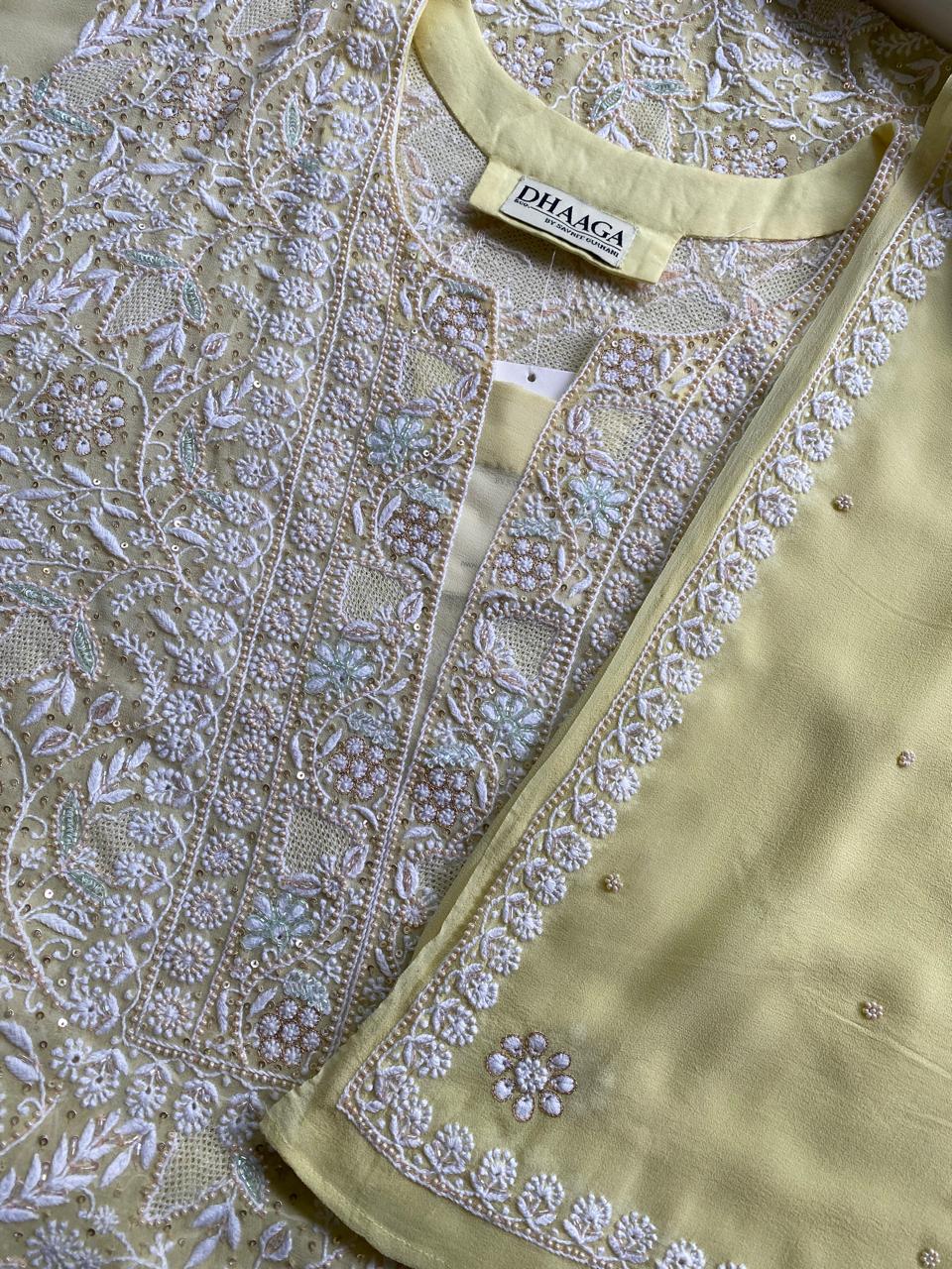Lemon yellow georgette chikankari Kurta Set
