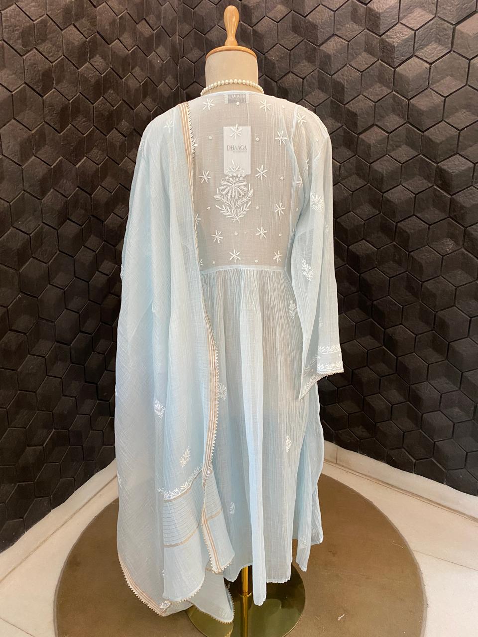 sky blue Mul Chanderi Chikankari A-Line Kurta Set