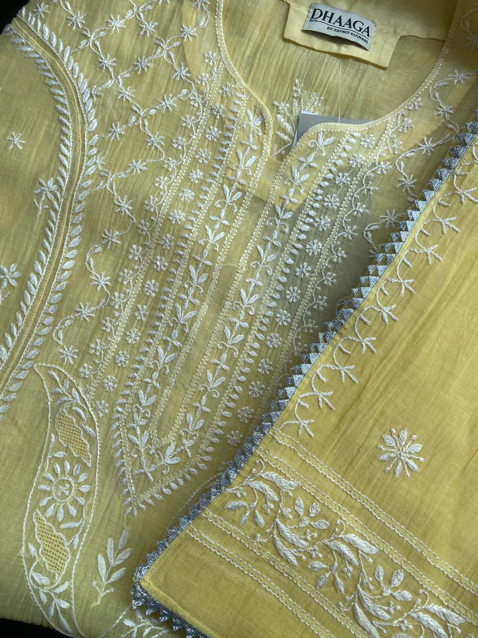Yellow Mul Chanderi Chikankari Kurta Set