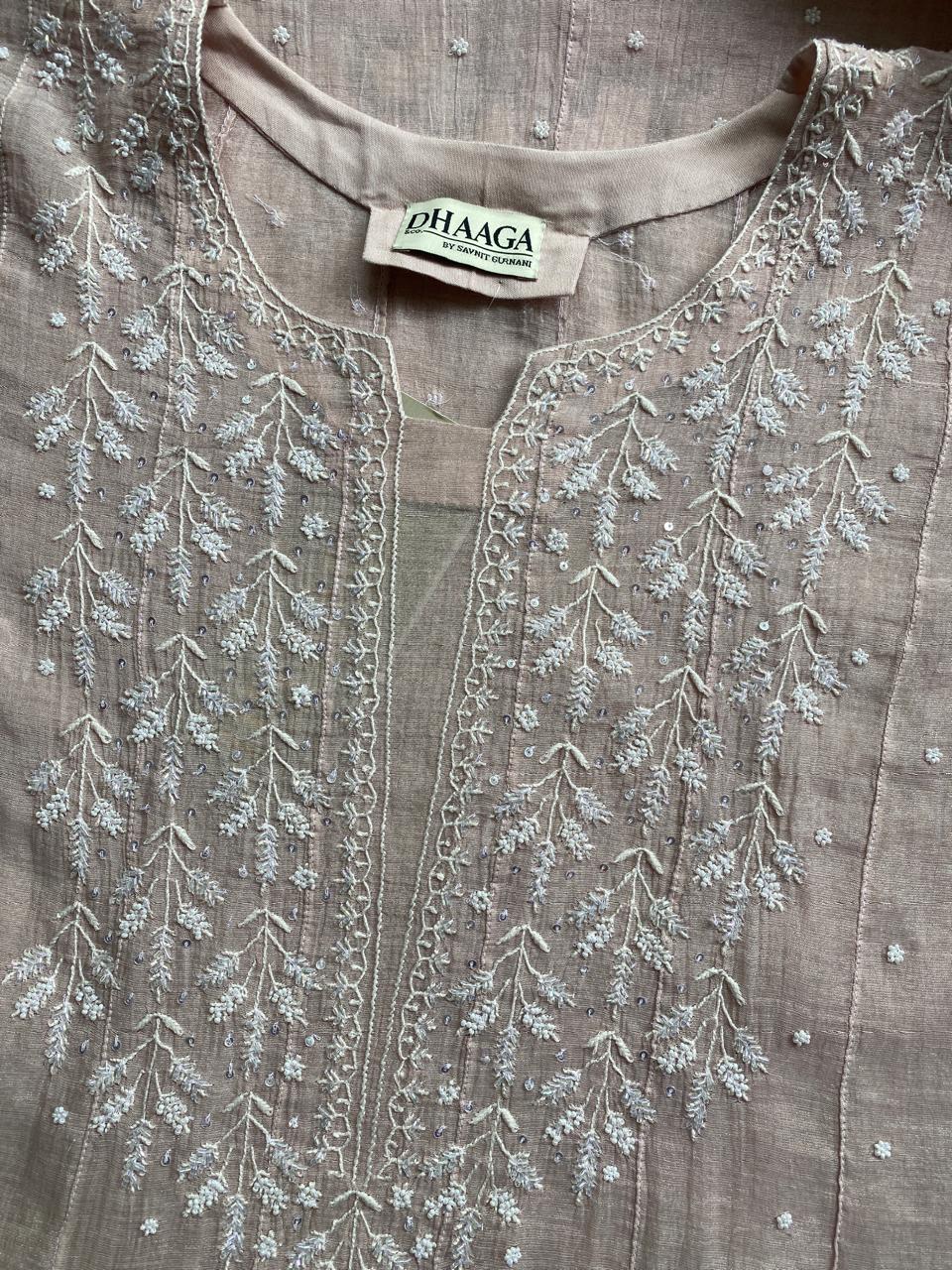 Pink silver tissue chikankari Anarkali set