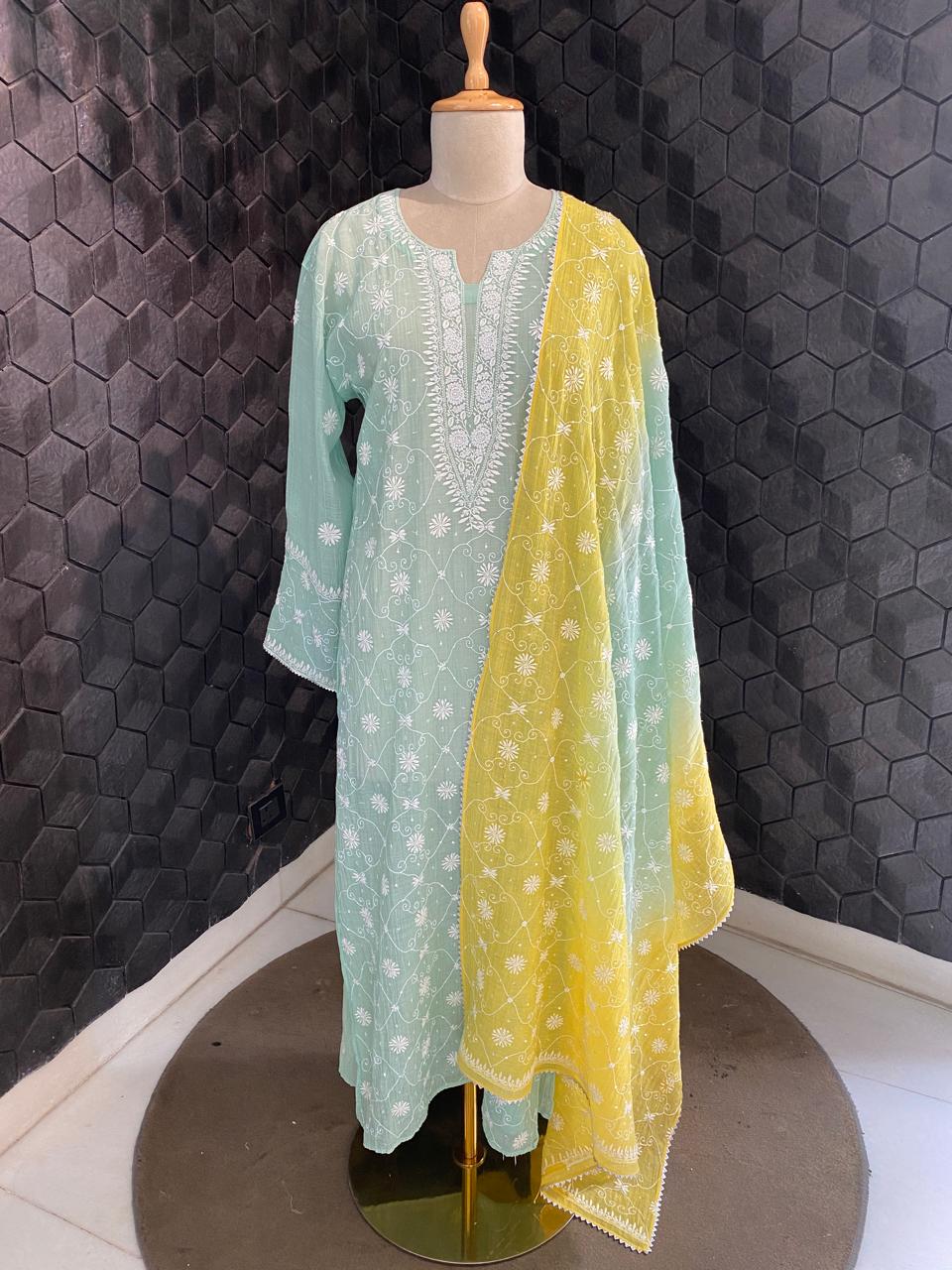 Sea Green Mul Chanderi all over jaal kurta set
