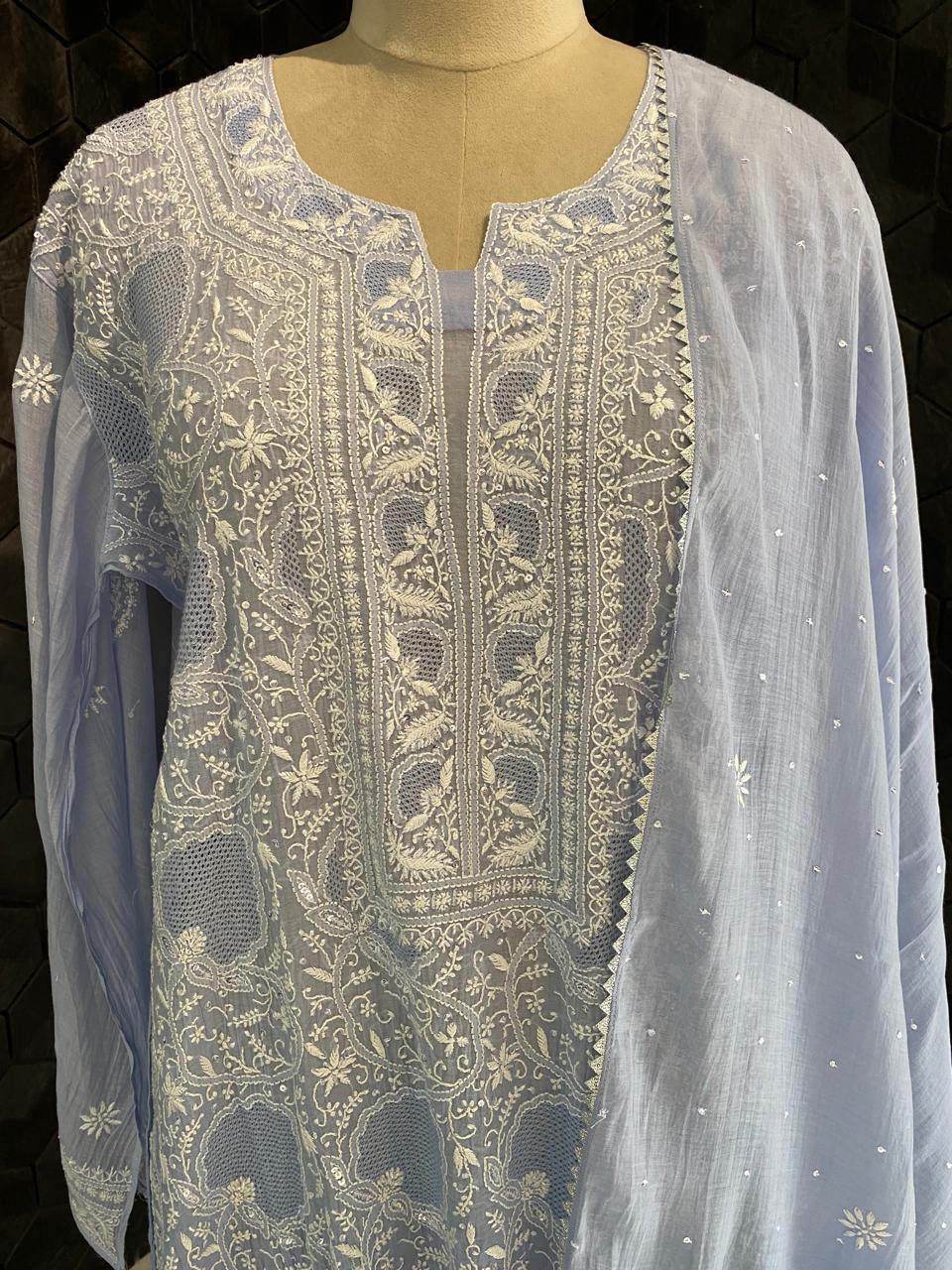 blue mul chanderi front jaali kurta set