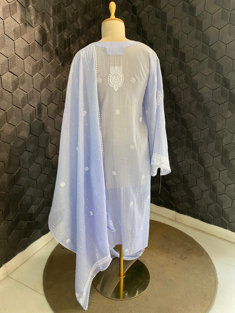 blue mul chanderi front jaali kurta set