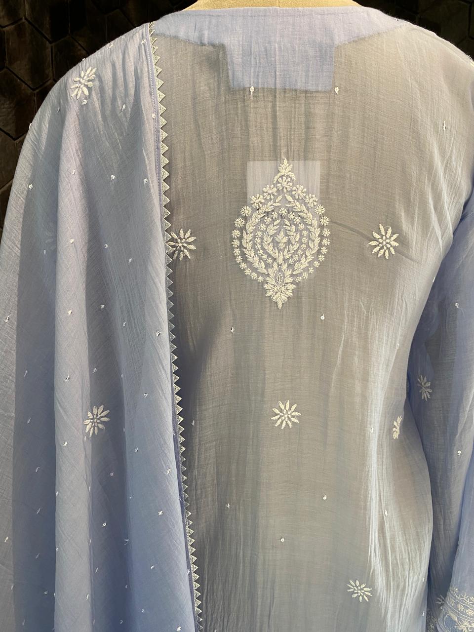 blue mul chanderi front jaali kurta set