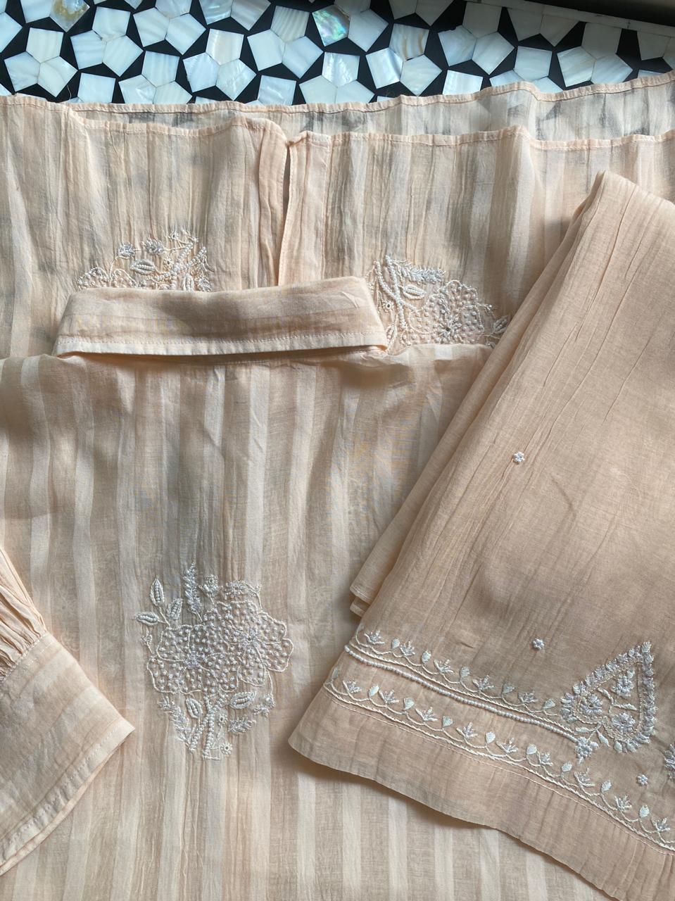 Peach striped Mul Chanderi Chikankari Co-ord set