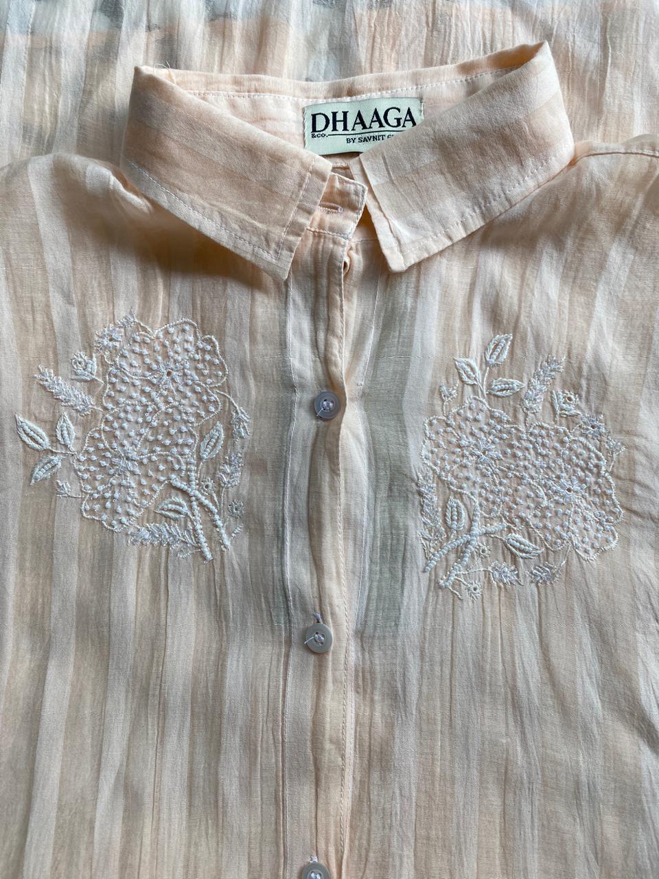Peach striped Mul Chanderi Chikankari Co-ord set