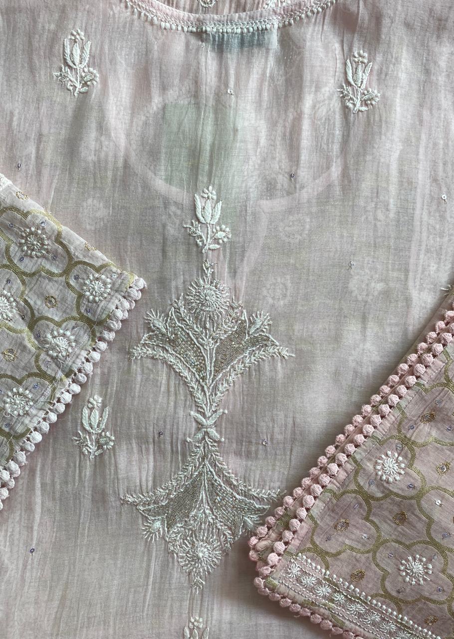 Pink Mul Chanderi Chikankari Kurta Set