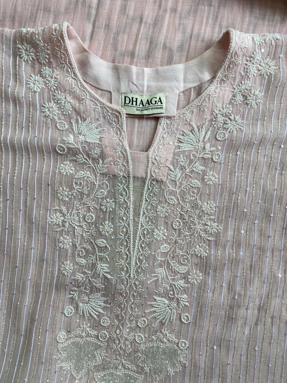 pink mul chanderi chikankari kurta set