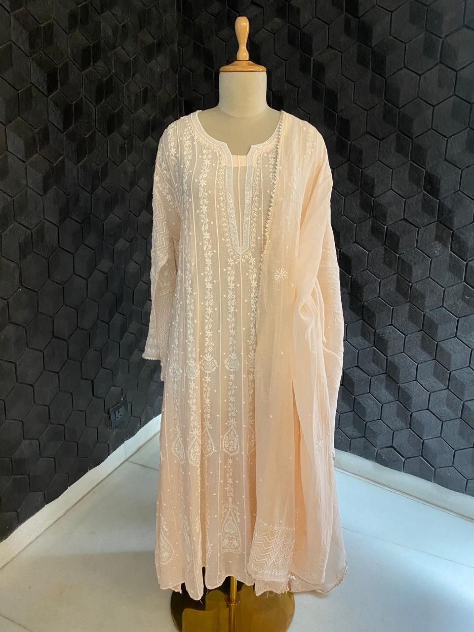 Peach Mul chanderi Chikankari Anarkali Kurta Set
